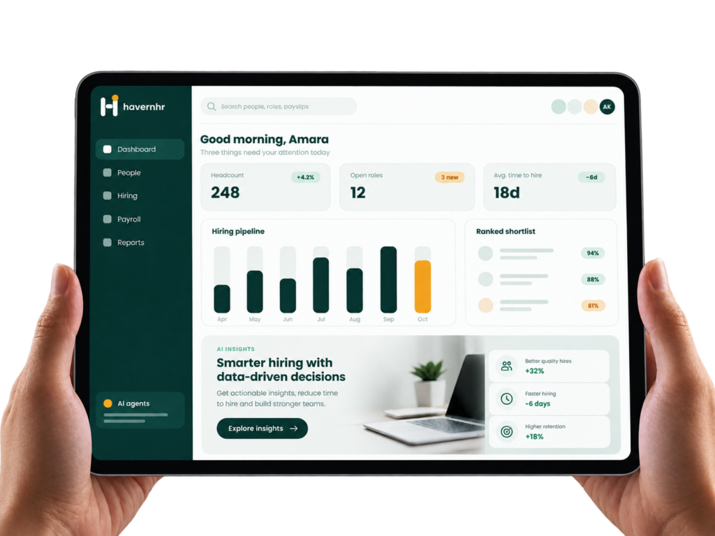 Hands holding a tablet showing the HavernHR hiring dashboard